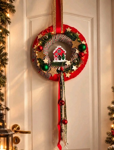 Weihnachtskranz rot häuschen - weihnachtskranz,